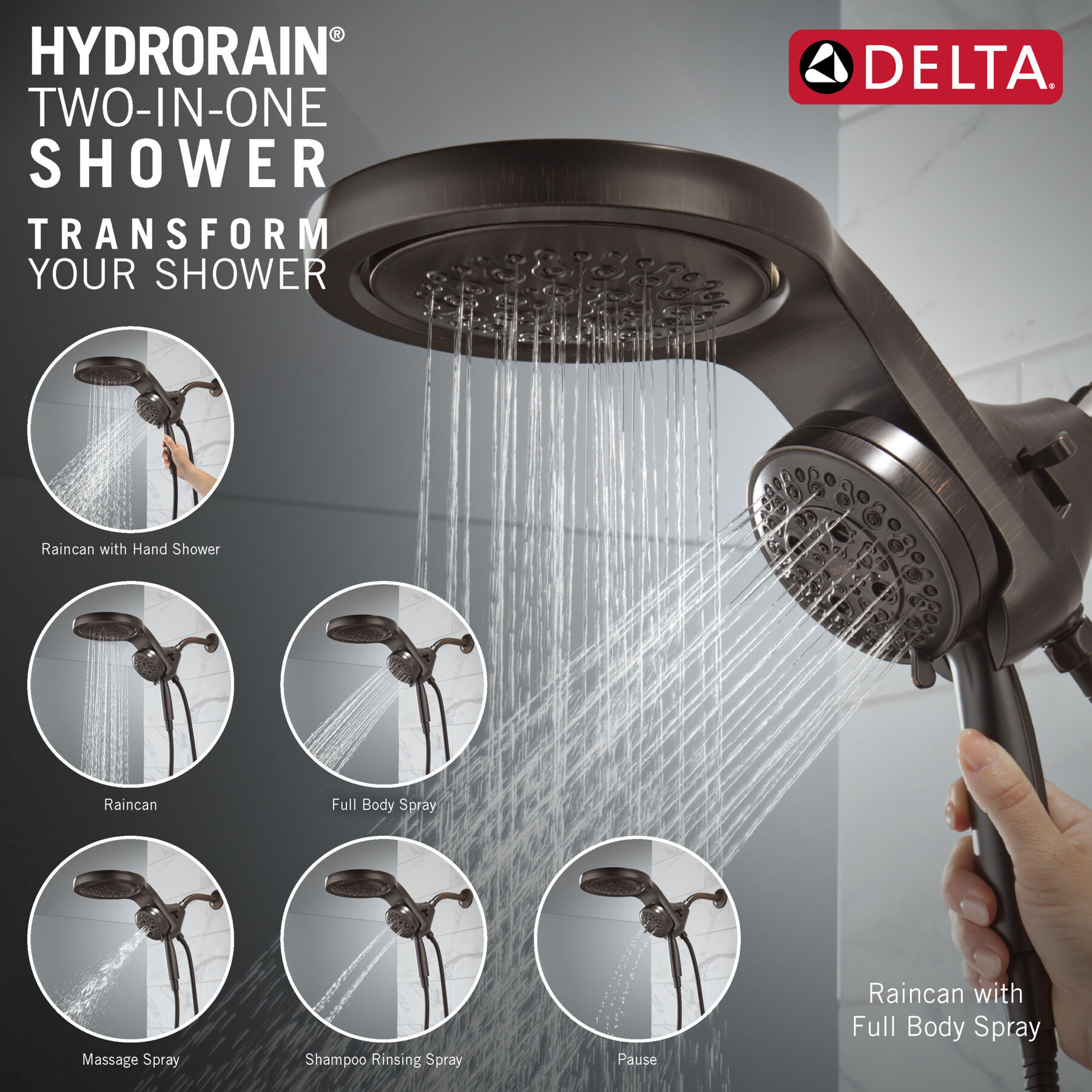HydroRain&reg; H<sub>2</sub>Okinetic&reg; 5-Setting Two-in-One Shower Head